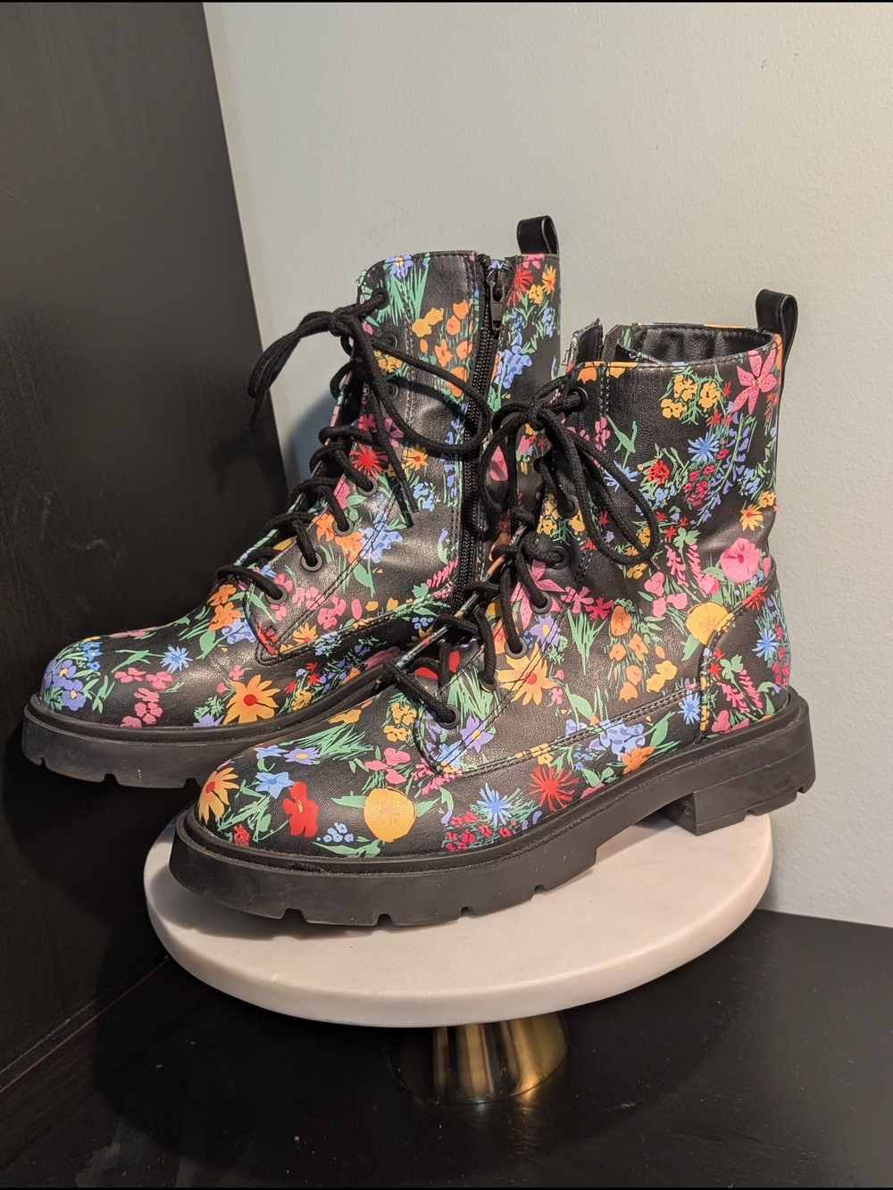 No Boundaries W10 Floral Print Combat Boots in Black/Multi, Ankle Zip & Laces